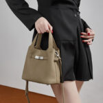 Women's Full-Grain Leather Drawstring Buckle Bucket Handbags with Shoulder Crossbody Strap