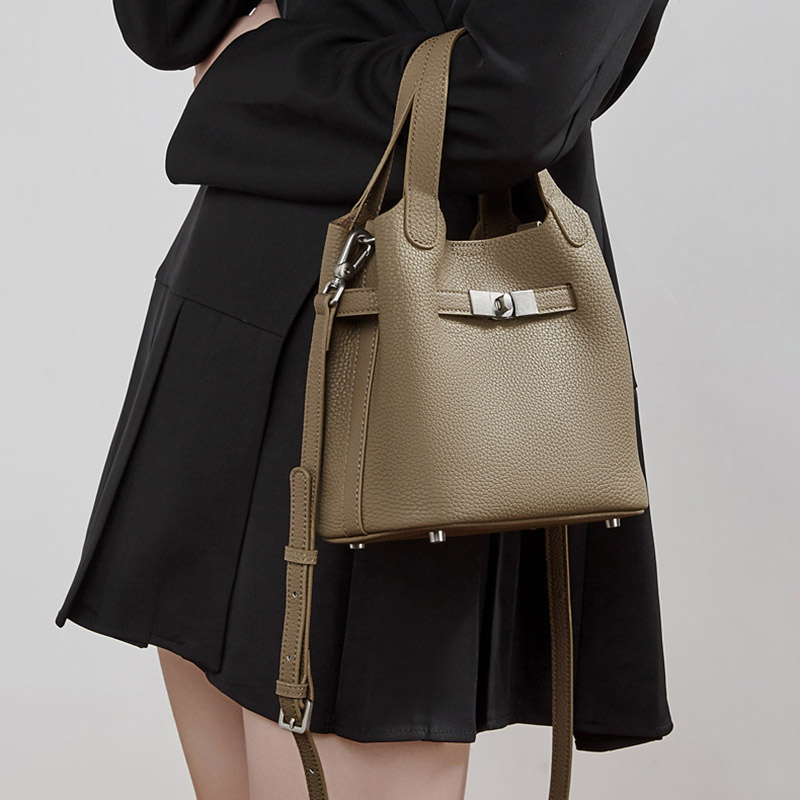 Women's Full-Grain Leather Drawstring Buckle Bucket Handbags with Shoulder Crossbody Strap