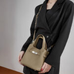 Women's Full-Grain Leather Drawstring Buckle Bucket Handbags with Shoulder Crossbody Strap