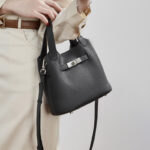 Women's Full-Grain Leather Drawstring Buckle Bucket Handbags with Shoulder Crossbody Strap