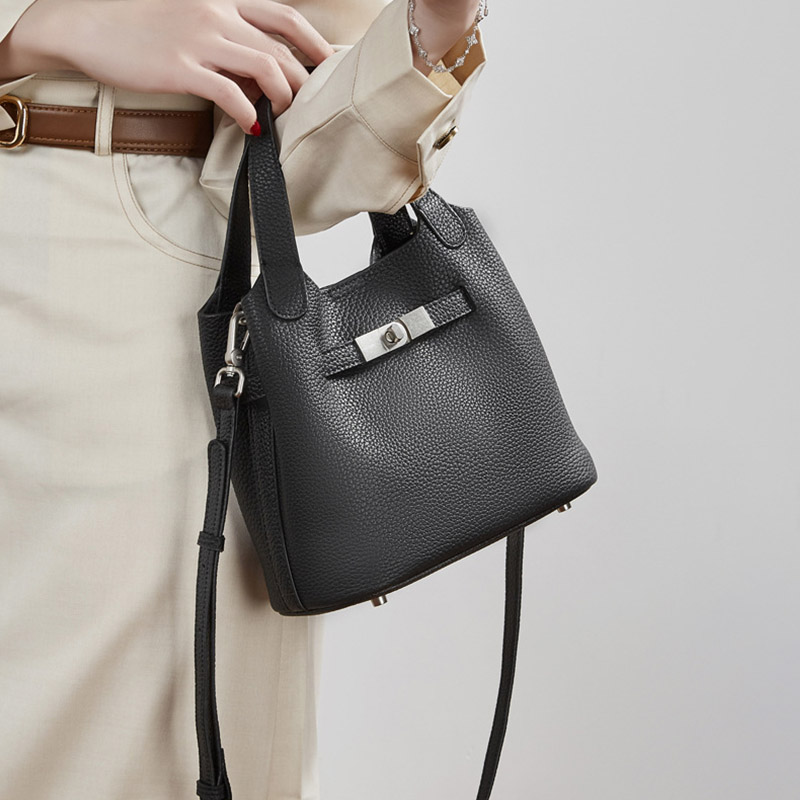 Women's Full-Grain Leather Drawstring Buckle Bucket Handbags with Shoulder Crossbody Strap