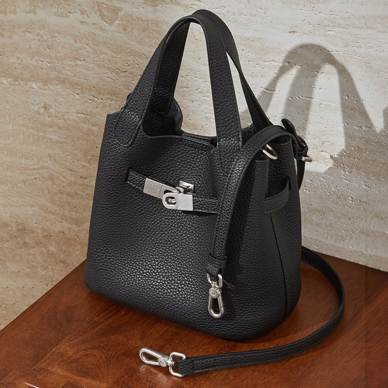 Women's Full-Grain Leather Drawstring Buckle Bucket Handbags with Shoulder Crossbody Strap