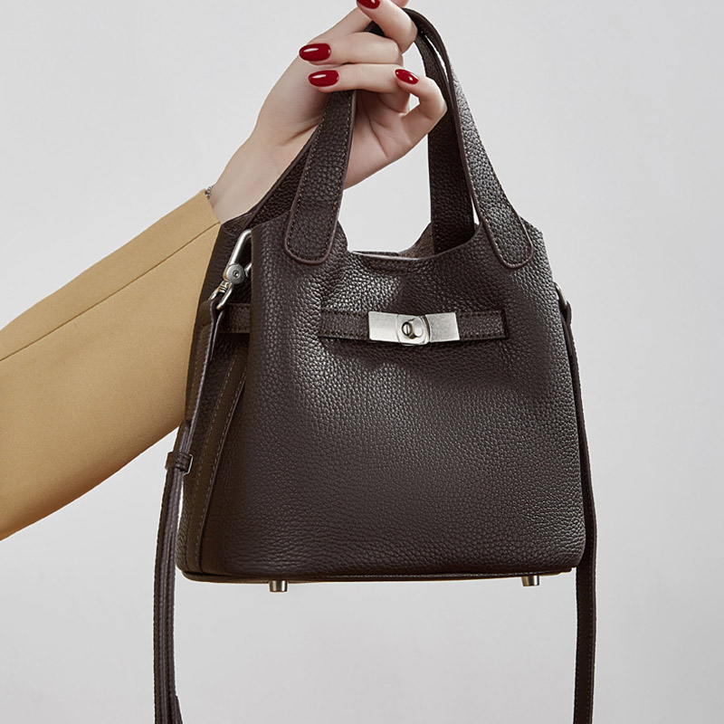 Women's Full-Grain Leather Drawstring Buckle Bucket Handbags with Shoulder Crossbody Strap