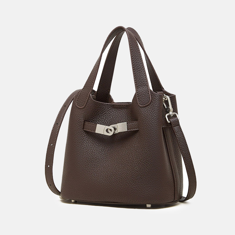Women's Full-Grain Leather Drawstring Buckle Bucket Handbags with Shoulder Crossbody Strap