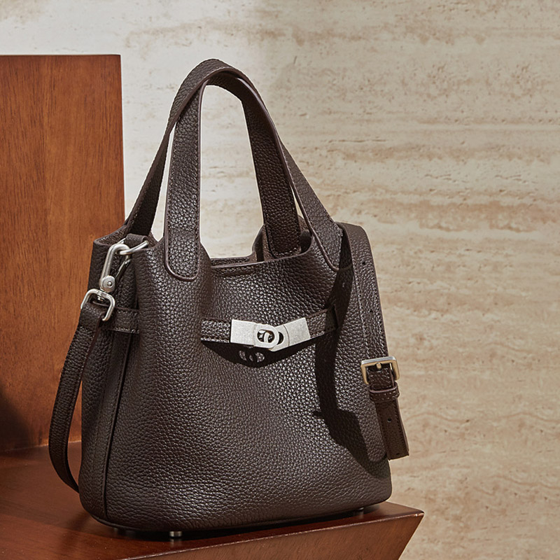 Women's Full-Grain Leather Drawstring Buckle Bucket Handbags with Shoulder Crossbody Strap