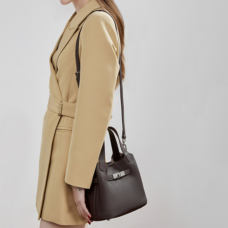 Women's Full-Grain Leather Drawstring Buckle Bucket Handbags with Shoulder Crossbody Strap