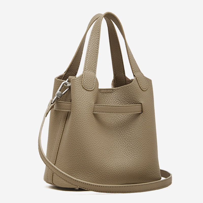 Women's Full-Grain Leather Drawstring Buckle Bucket Handbags with Shoulder Crossbody Strap