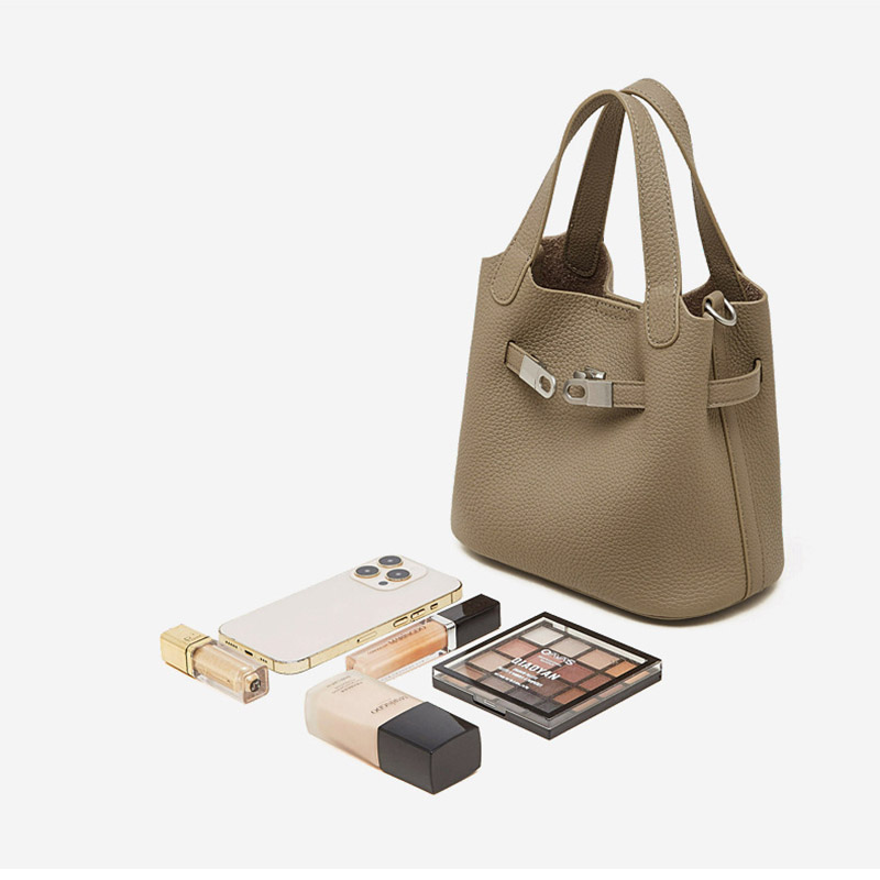 Women's Full-Grain Leather Drawstring Buckle Bucket Handbags with Shoulder Crossbody Strap