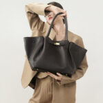 Women's Full-Grain Leather Drawstring Buckle Wing-Shaped Large Shoulder Tote Bag
