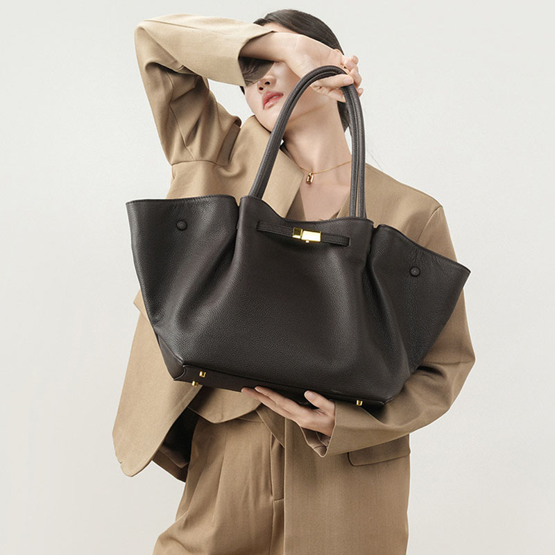 Women's Full-Grain Leather Drawstring Buckle Wing-Shaped Large Shoulder Tote Bag