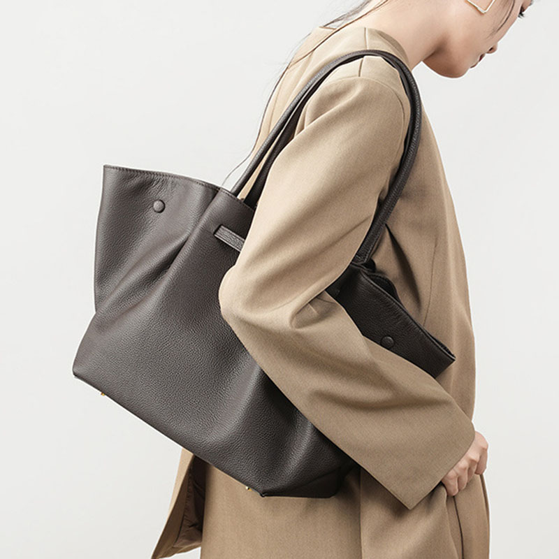 Women's Full-Grain Leather Drawstring Buckle Wing-Shaped Large Shoulder Tote Bag