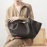 Women's Full-Grain Leather Drawstring Buckle Wing-Shaped Large Shoulder Tote Bag