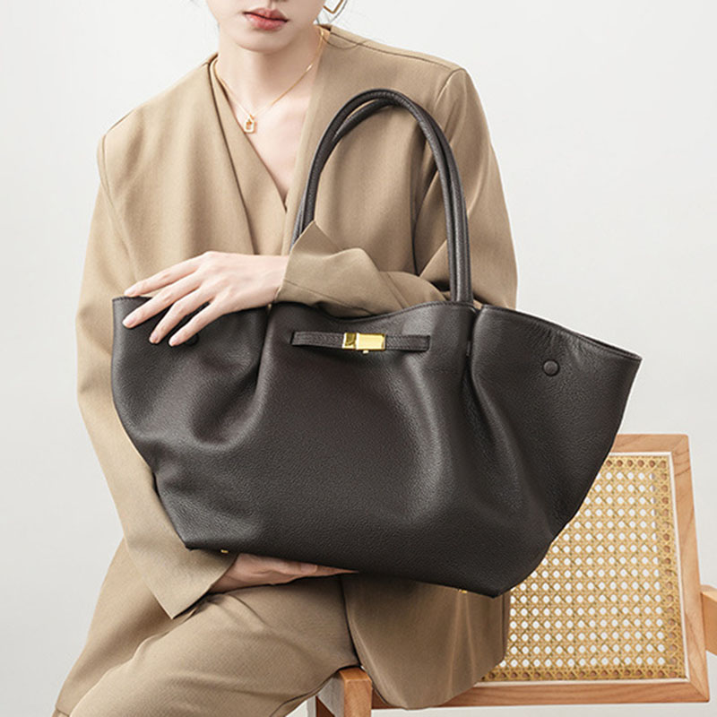 Women's Full-Grain Leather Drawstring Buckle Wing-Shaped Large Shoulder Tote Bag