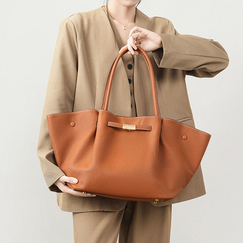 Women's Full-Grain Leather Drawstring Buckle Wing-Shaped Large Shoulder Tote Bag