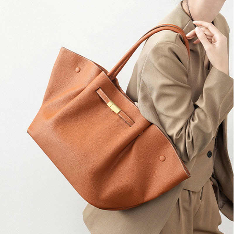 Women's Full-Grain Leather Drawstring Buckle Wing-Shaped Large Shoulder Tote Bag