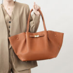 Women's Full-Grain Leather Drawstring Buckle Wing-Shaped Large Shoulder Tote Bag