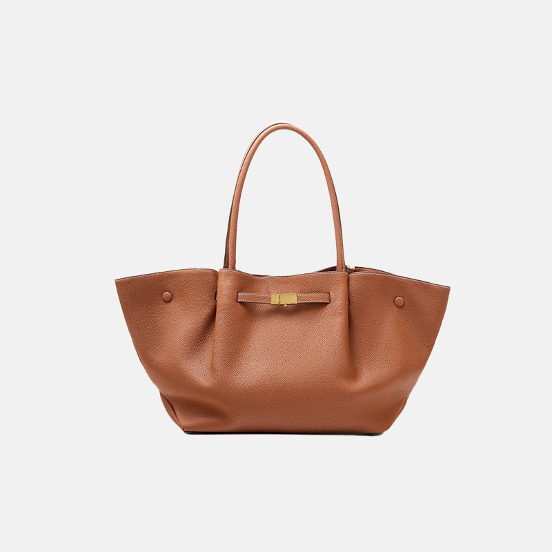 Women's Full-Grain Leather Drawstring Buckle Wing-Shaped Large Shoulder Tote Bag