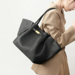 Women's Full-Grain Leather Drawstring Buckle Wing-Shaped Large Shoulder Tote Bag