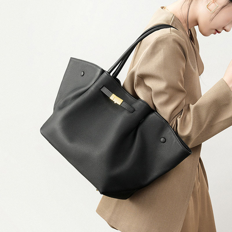Women's Full-Grain Leather Drawstring Buckle Wing-Shaped Large Shoulder Tote Bag