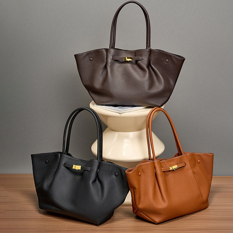 Women's Full-Grain Leather Drawstring Buckle Wing-Shaped Large Shoulder Tote Bag