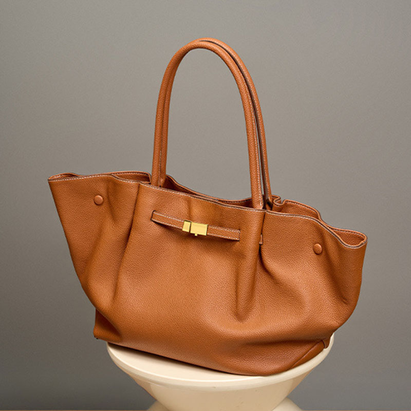 Women's Full-Grain Leather Drawstring Buckle Wing-Shaped Large Shoulder Tote Bag