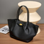 Women's Full-Grain Leather Drawstring Buckle Wing-Shaped Large Shoulder Tote Bag
