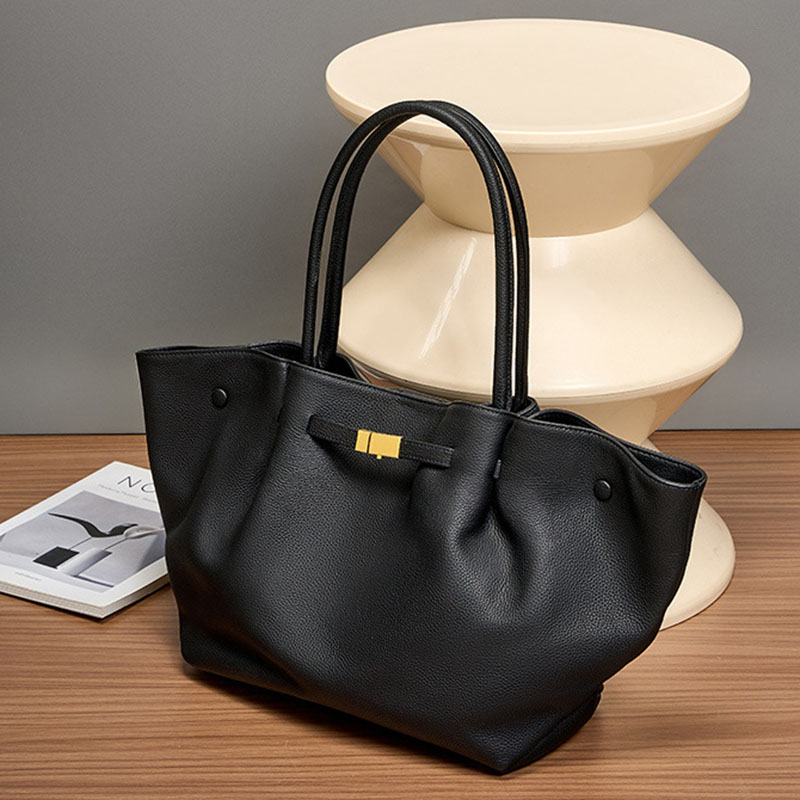 Women's Full-Grain Leather Drawstring Buckle Wing-Shaped Large Shoulder Tote Bag