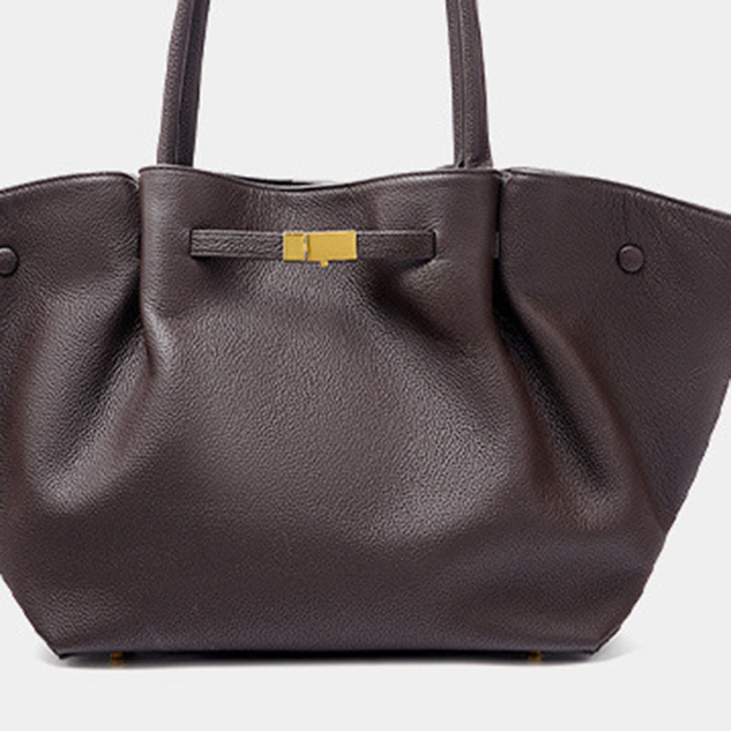 Women's Full-Grain Leather Drawstring Buckle Wing-Shaped Large Shoulder Tote Bag
