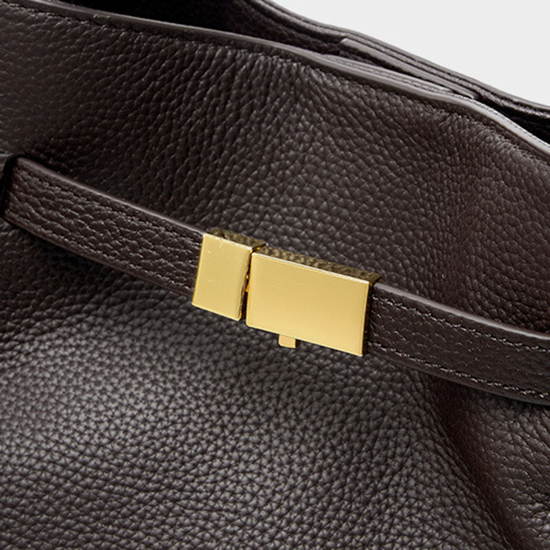 Women's Full-Grain Leather Drawstring Buckle Wing-Shaped Large Shoulder Tote Bag