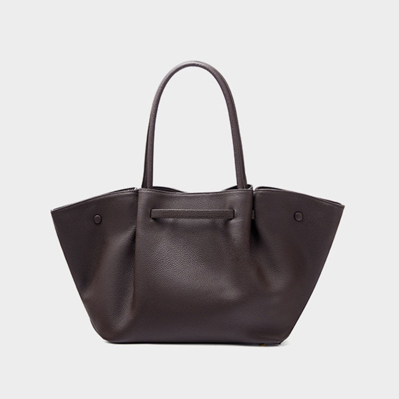 Women's Full-Grain Leather Drawstring Buckle Wing-Shaped Large Shoulder Tote Bag