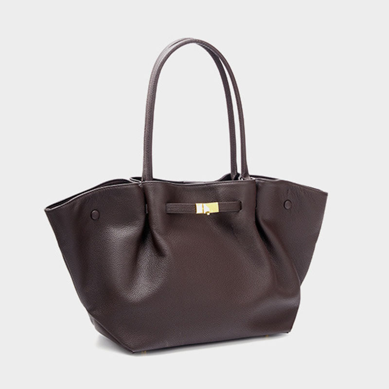 Women's Full-Grain Leather Drawstring Buckle Wing-Shaped Large Shoulder Tote Bag