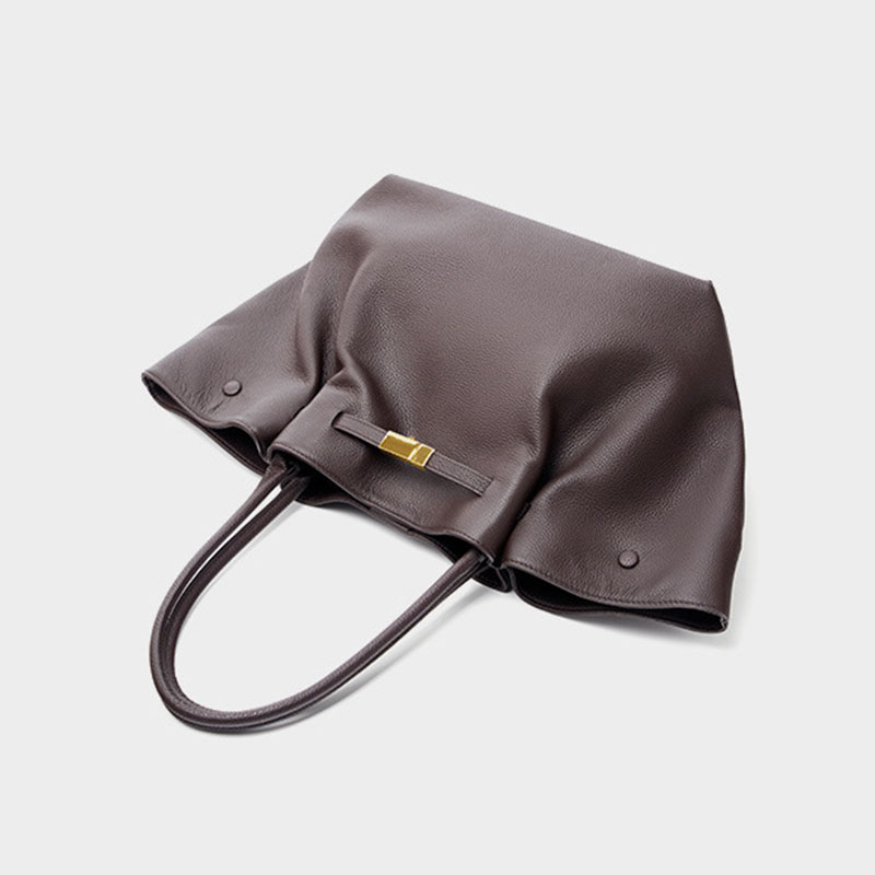 Women's Full-Grain Leather Drawstring Buckle Wing-Shaped Large Shoulder Tote Bag