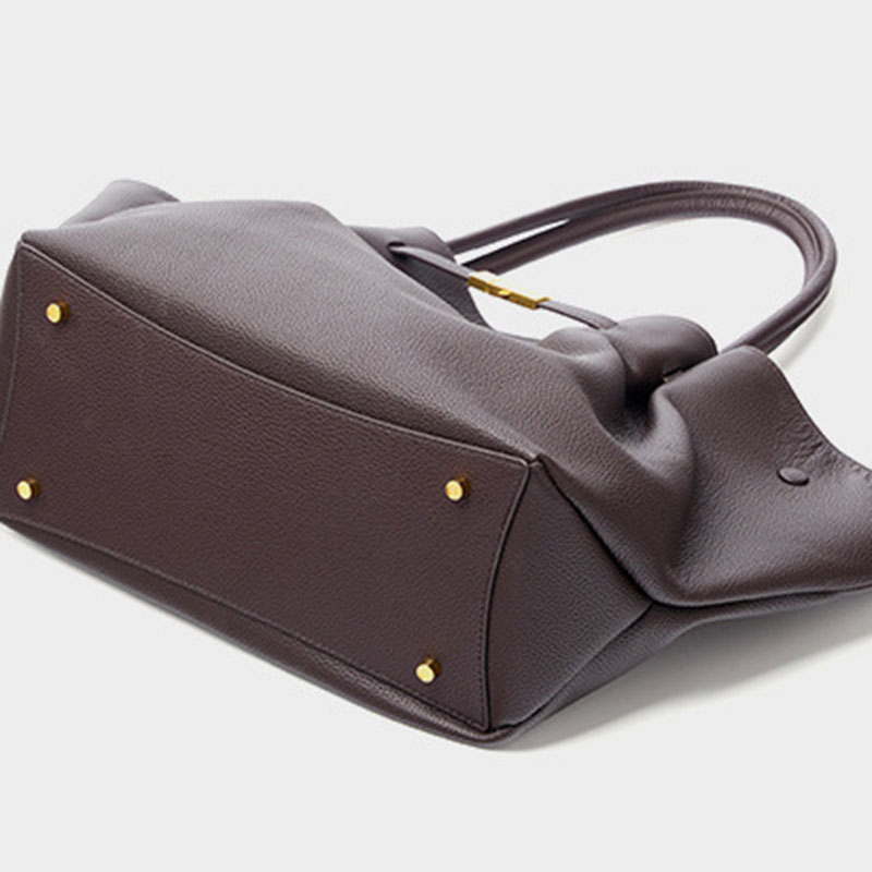 Women's Full-Grain Leather Drawstring Buckle Wing-Shaped Large Shoulder Tote Bag