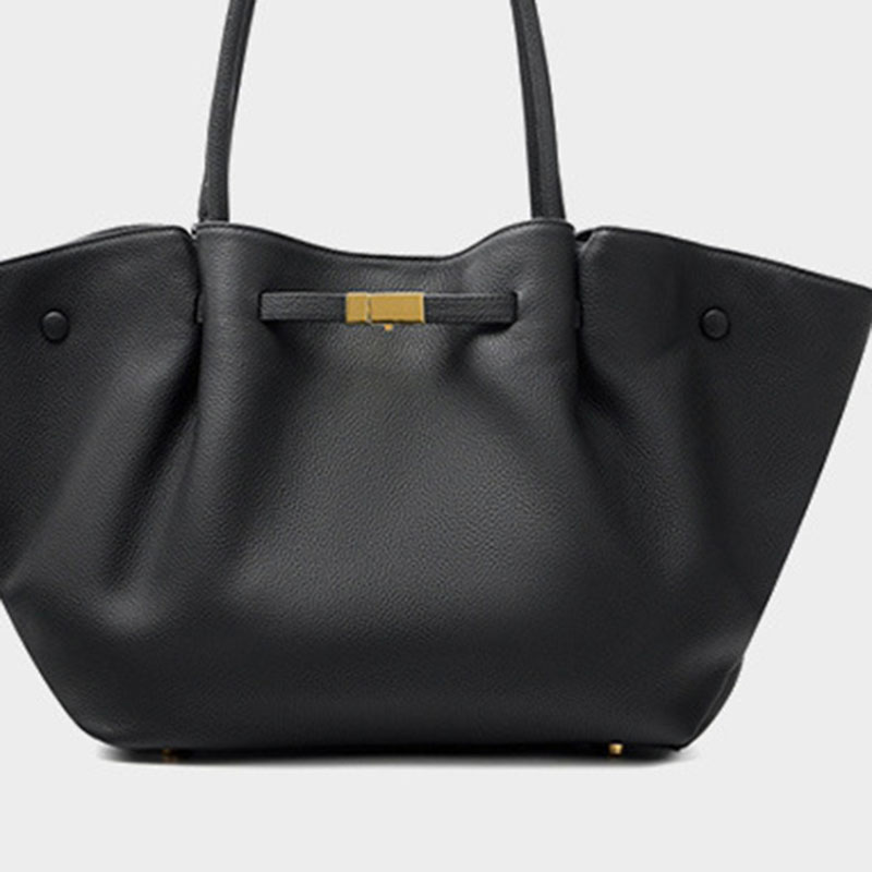 Women's Full-Grain Leather Drawstring Buckle Wing-Shaped Large Shoulder Tote Bag