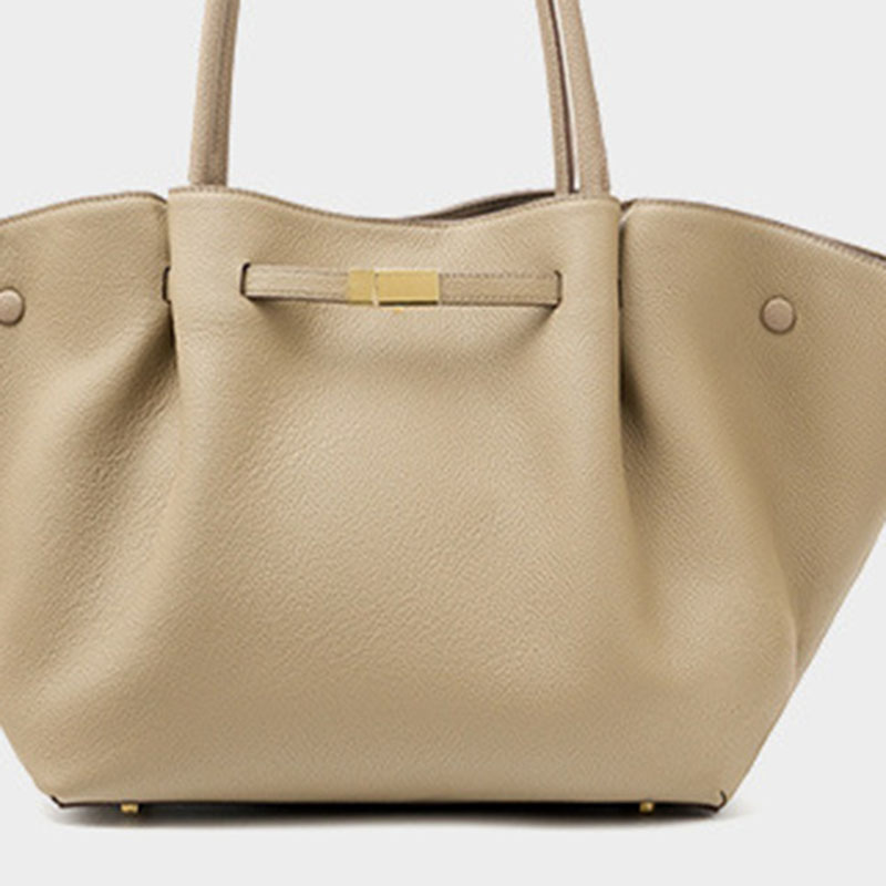 Women's Full-Grain Leather Drawstring Buckle Wing-Shaped Large Shoulder Tote Bag
