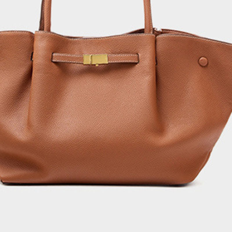 Women's Full-Grain Leather Drawstring Buckle Wing-Shaped Large Shoulder Tote Bag