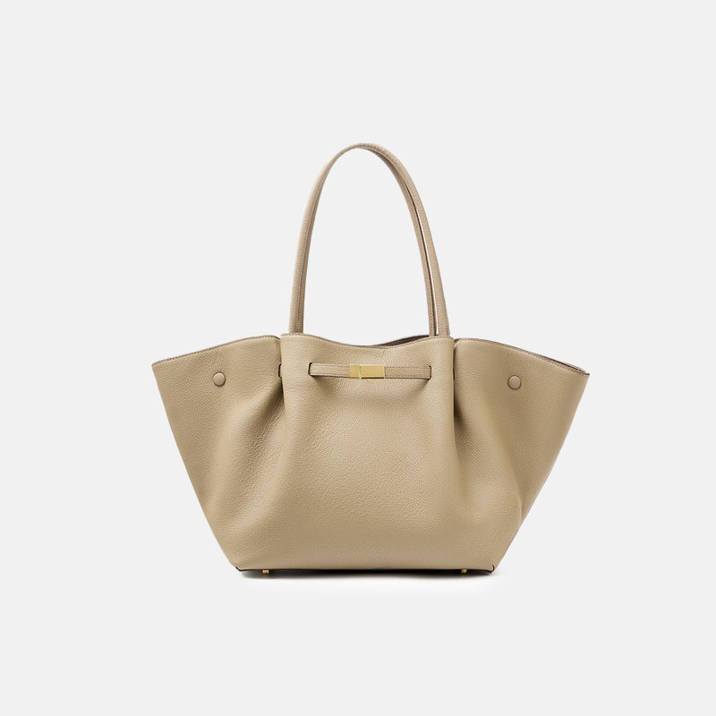 Women's Full-Grain Leather Drawstring Buckle Wing-Shaped Large Shoulder Tote Bag