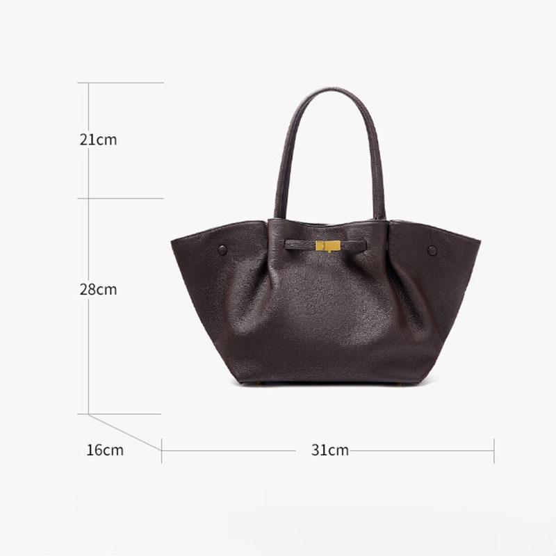 Women's Full-Grain Leather Drawstring Buckle Wing-Shaped Large Shoulder Tote Bag