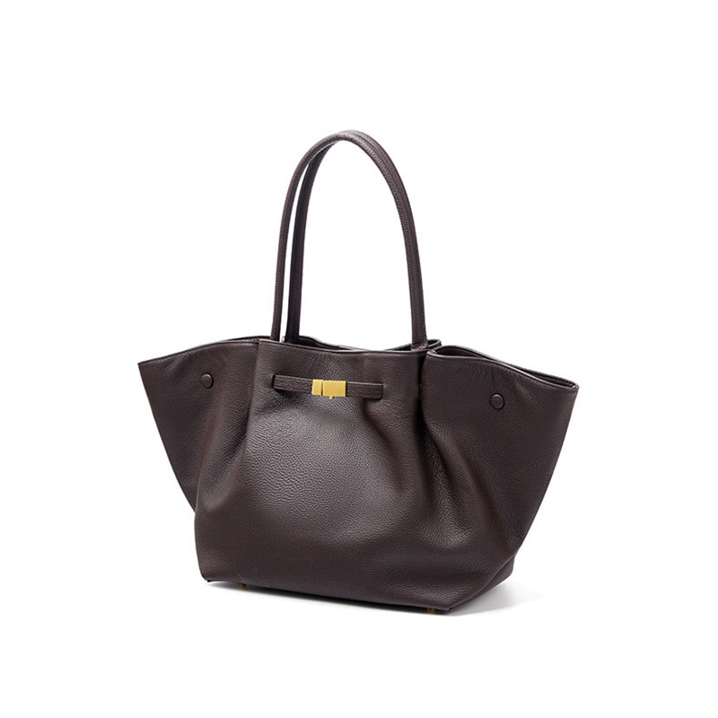 Women's Full-Grain Leather Drawstring Buckle Wing-Shaped Large Shoulder Tote Bag