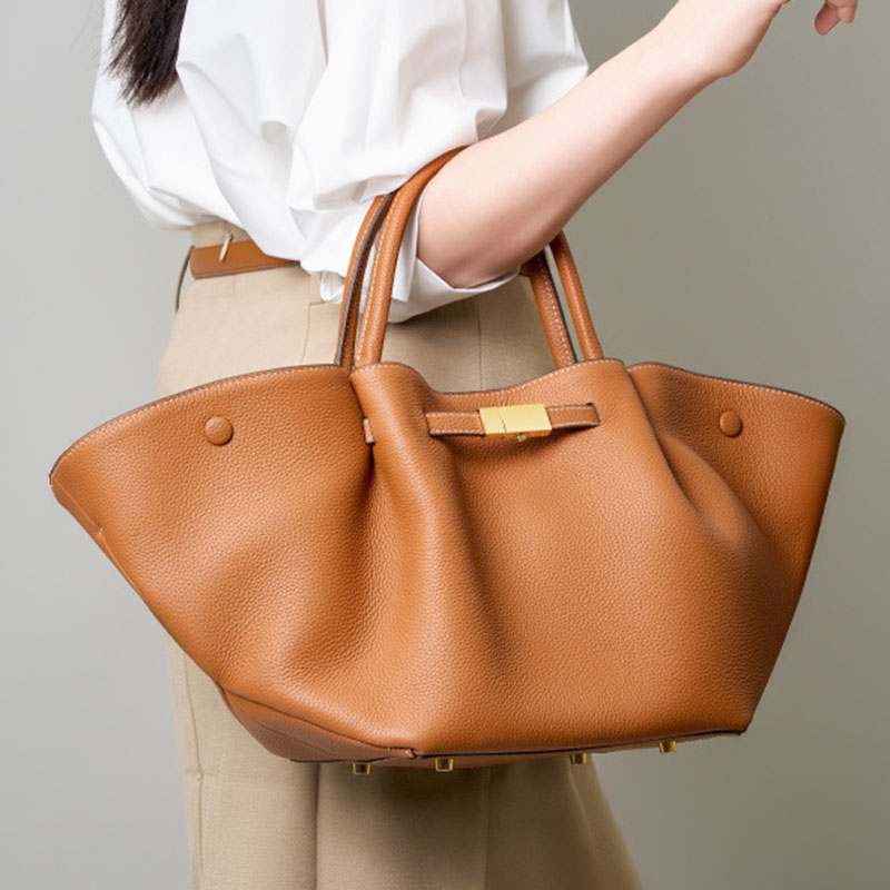 Sac fourre-tout en cuir pleine fleur avec cordon de serrage et bandoulière pour femmes