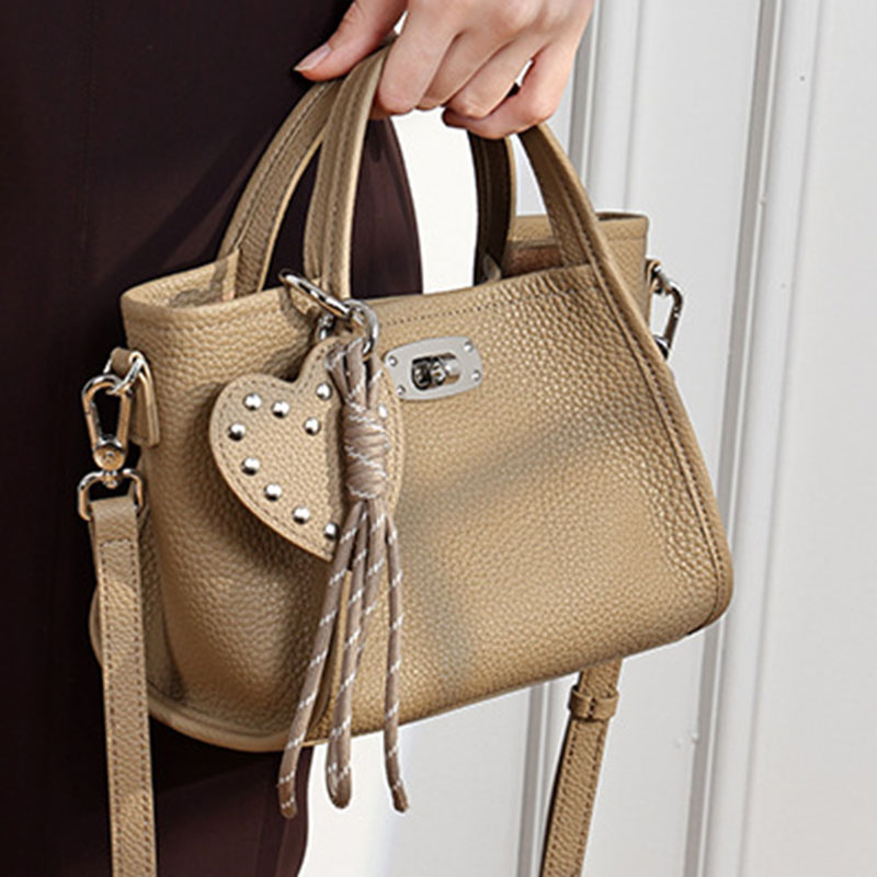 Women's Full-Grain Leather Heart Charm Winged Tote Bag with Crossbody Shoulder Strap