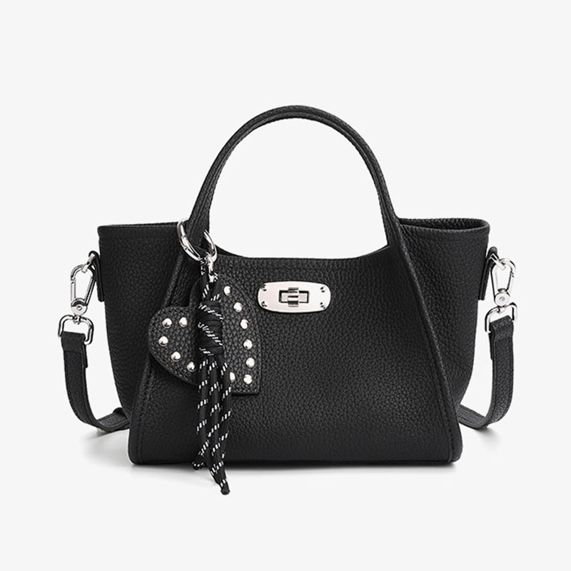 Women's Full-Grain Leather Heart Charm Winged Tote Bag with Crossbody Shoulder Strap