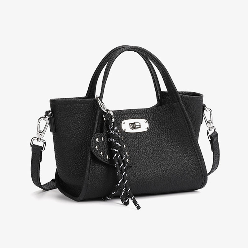 Women's Full-Grain Leather Heart Charm Winged Tote Bag with Crossbody Shoulder Strap