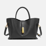 Women's Full-Grain Leather Lock Buckle Tote Bag with Crossbody Shoulder Strap