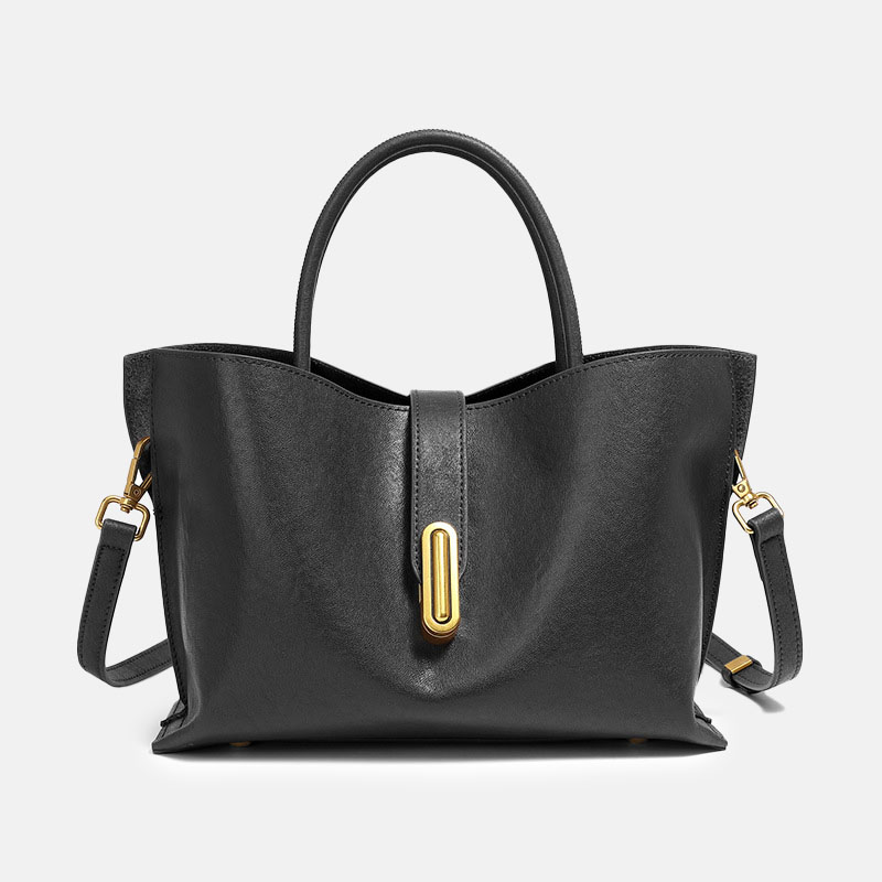 Women's Full-Grain Leather Lock Buckle Tote Bag with Crossbody Shoulder Strap