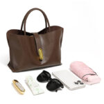 Women's Full-Grain Leather Lock Buckle Tote Bag with Crossbody Shoulder Strap