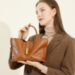 Women's Full-Grain Leather Lock Buckle Tote Bag with Crossbody Shoulder Strap