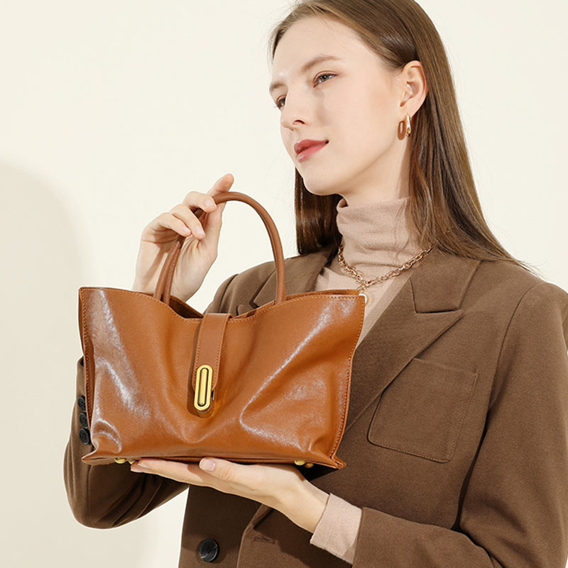 Women's Full-Grain Leather Lock Buckle Tote Bag with Crossbody Shoulder Strap