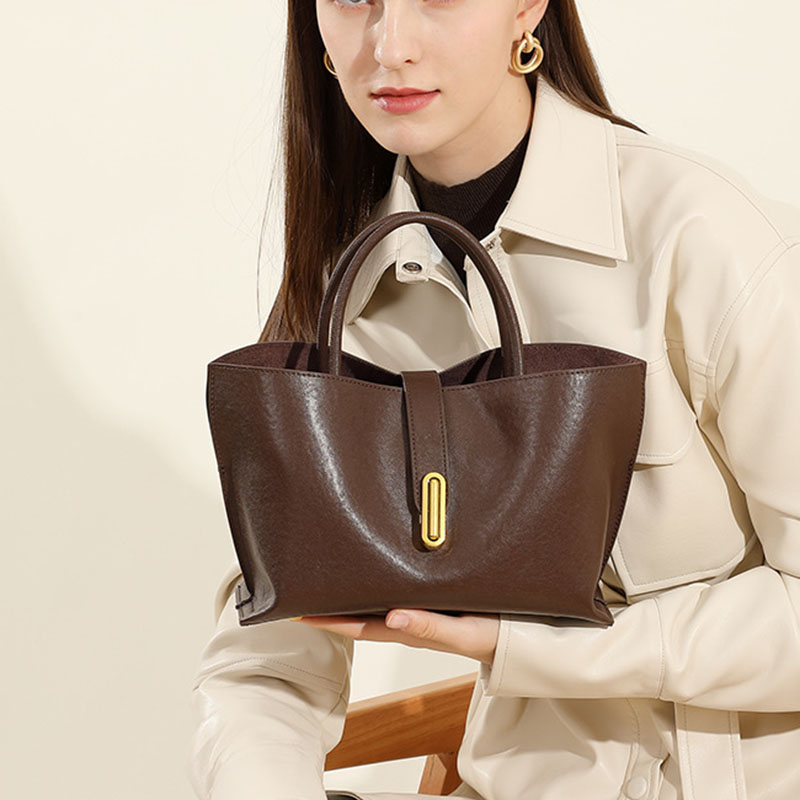 Women's Full-Grain Leather Lock Buckle Tote Bag with Crossbody Shoulder Strap