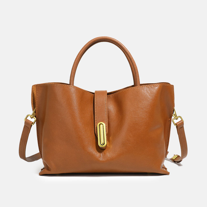 Women's Full-Grain Leather Lock Buckle Tote Bag with Crossbody Shoulder Strap